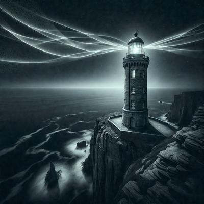 Primary subject: Lighthouse
Setting/background: Ocean
Visual style: Digital art
Colors and mood: Dark, moody, dramatic